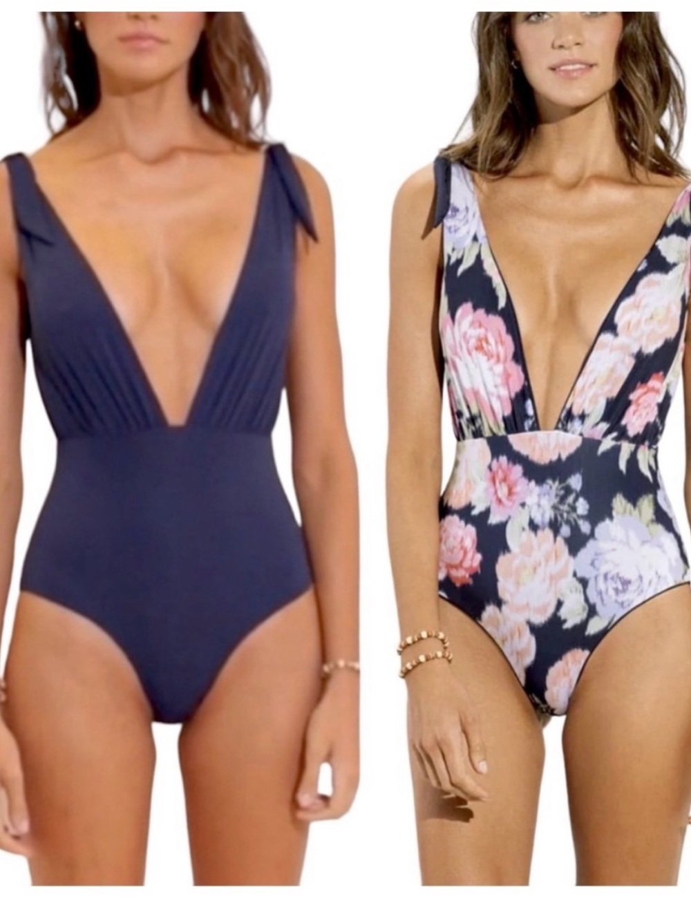 Floral & Solid Deep V Kids One-Piece Swimsuit - reversible Navy & Floral